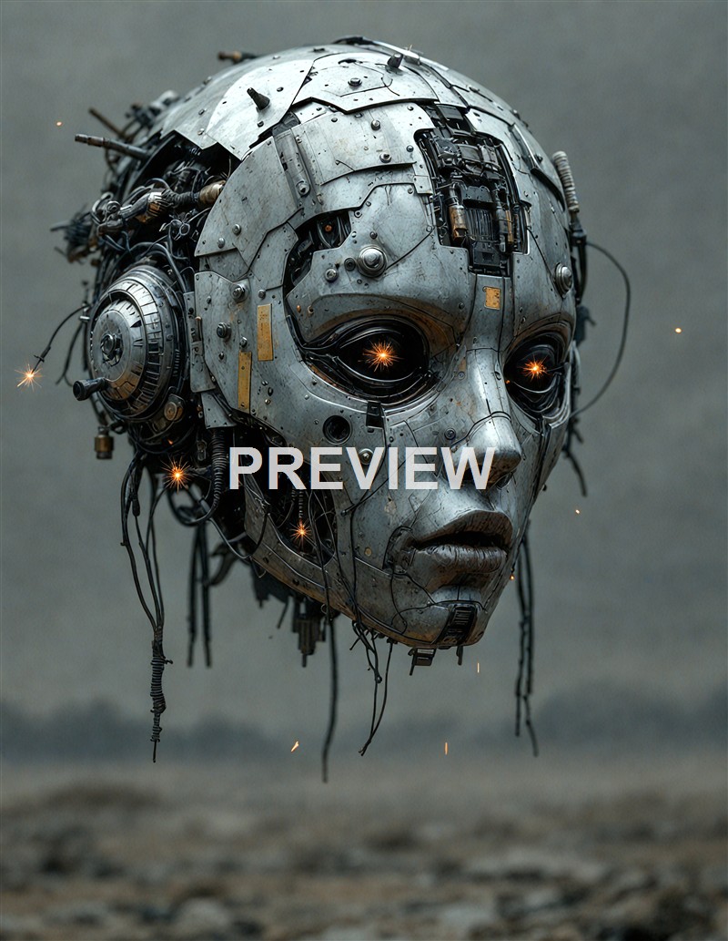 A highly detailed, metallic humanoid robot head with glowing eyes, wires, and mechanical parts, floating above a barren ground.